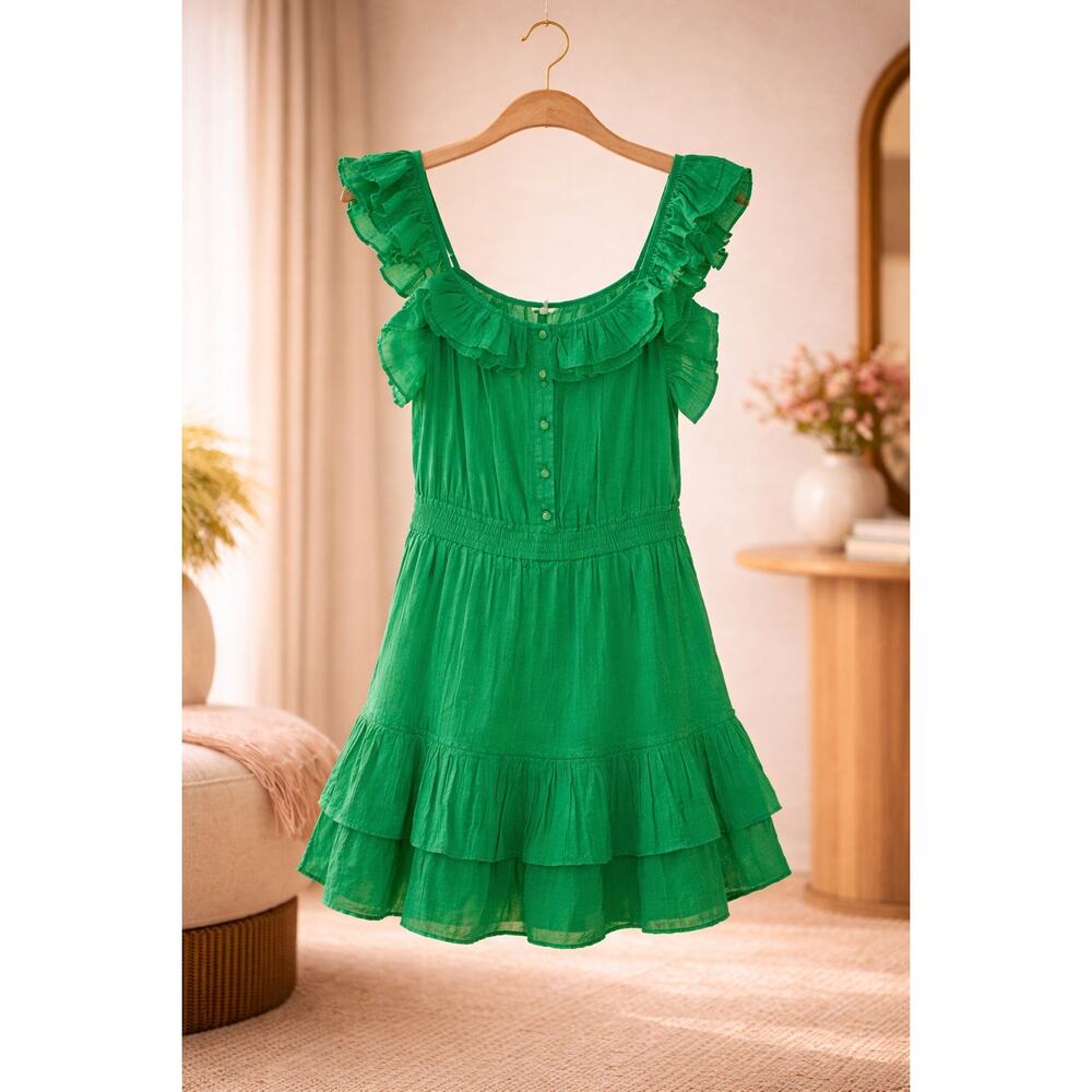 Chelsea & Violet Cassia Romper Bright Green Gauze Ruffle Button Front Size L Fun